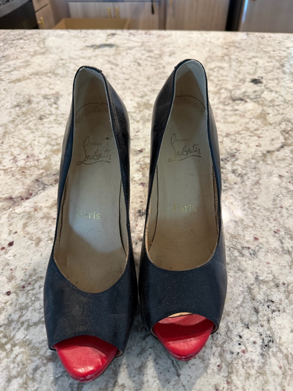 Christian Louboutin Black Leather Peep-Toe Pumps with Red Toe
